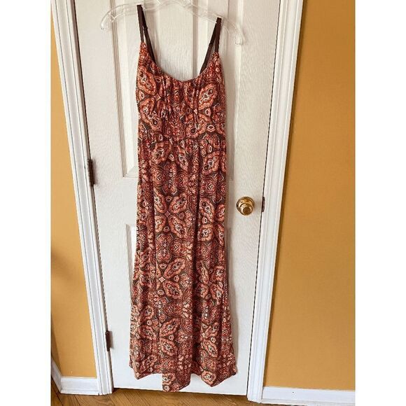 Allison Britney Stretchable Spaghetti Strap Maxi Sundress Orange Boho Sz L - Picture 3 of 6